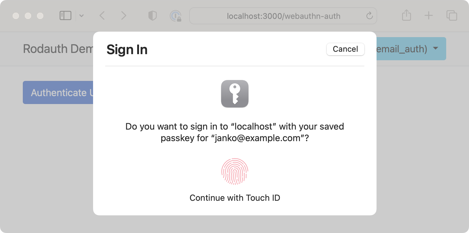 Rodauth passkey authentication dialog